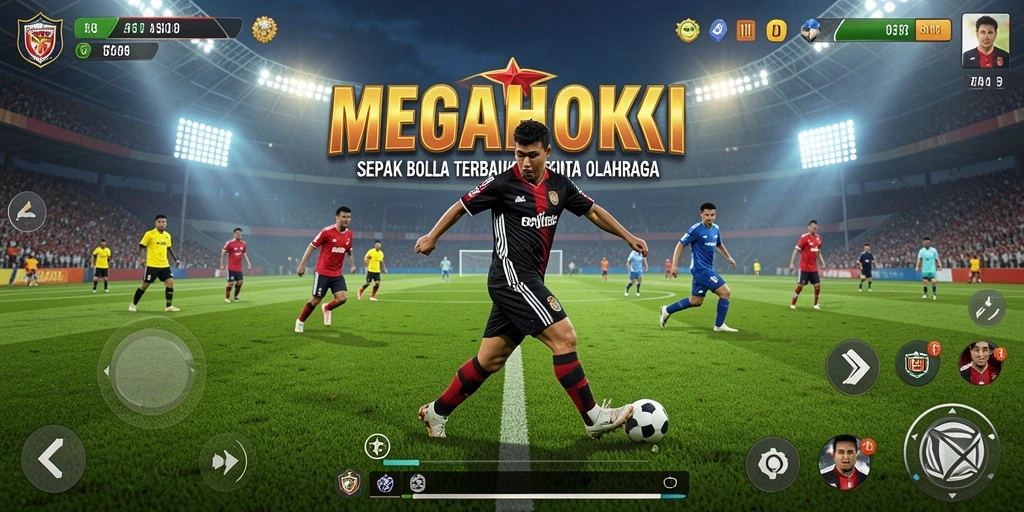 Tampilan gameplay menarik di MEGAHOKI yang menunjukkan aksi sepak bola.