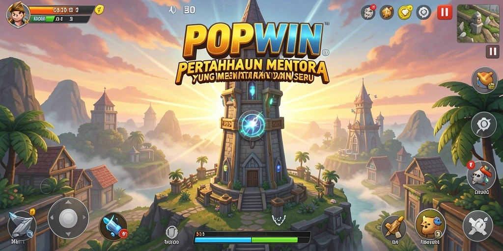 Tampilan gameplay seru dari POPWIN dengan strategi pertahanan menara.
