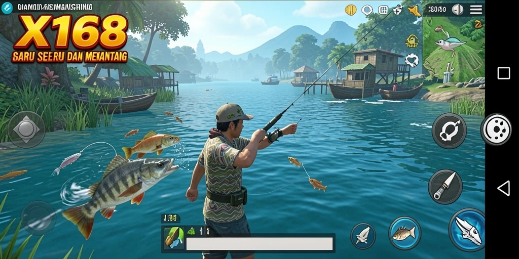 Tampilan gameplay menarik dari X168 saat menangkap ikan di lokasi berbeda.